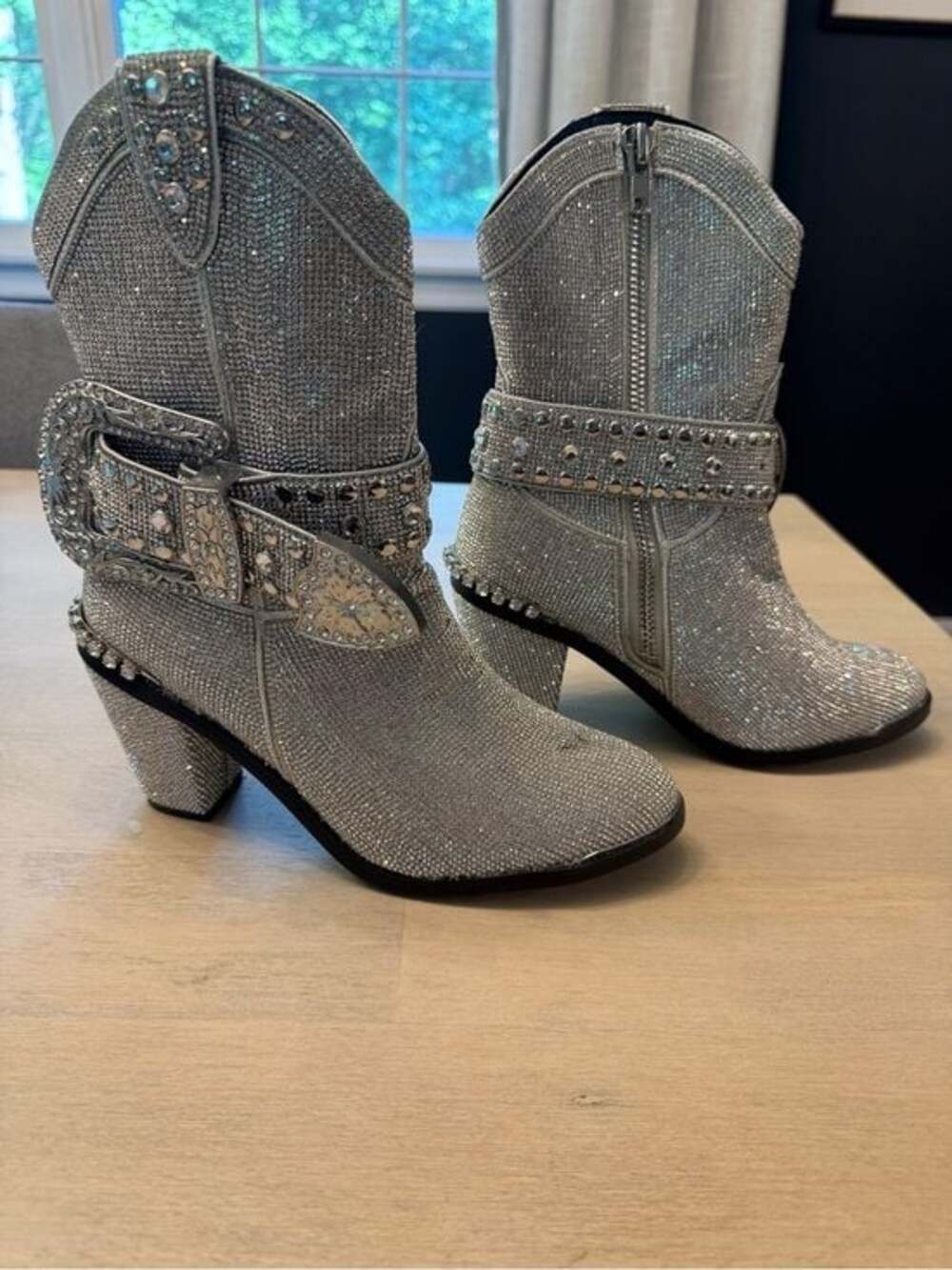 Club Exx - Studded Crystal Silver Western Heeled Ankle Boots - Sz 8